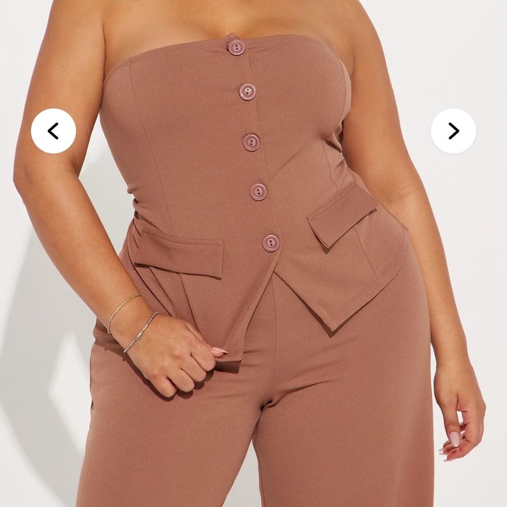 Fashion Nova Buttoned Brown Strapless Jumpsuit